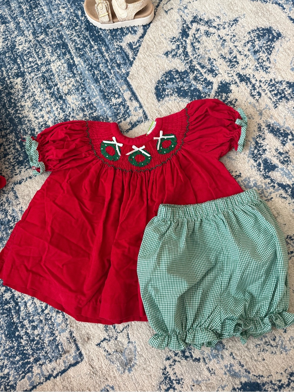 Red Smocked Strawberry Top with Green Gingham Bloomers - Kids Matching Set